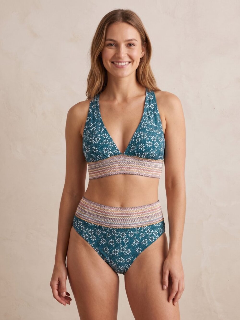 NWT | Teal & White Daisy 2-Piece Swimsuit | Smocked Waist | Large